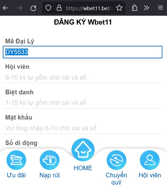 giao diện đăng ký winbet